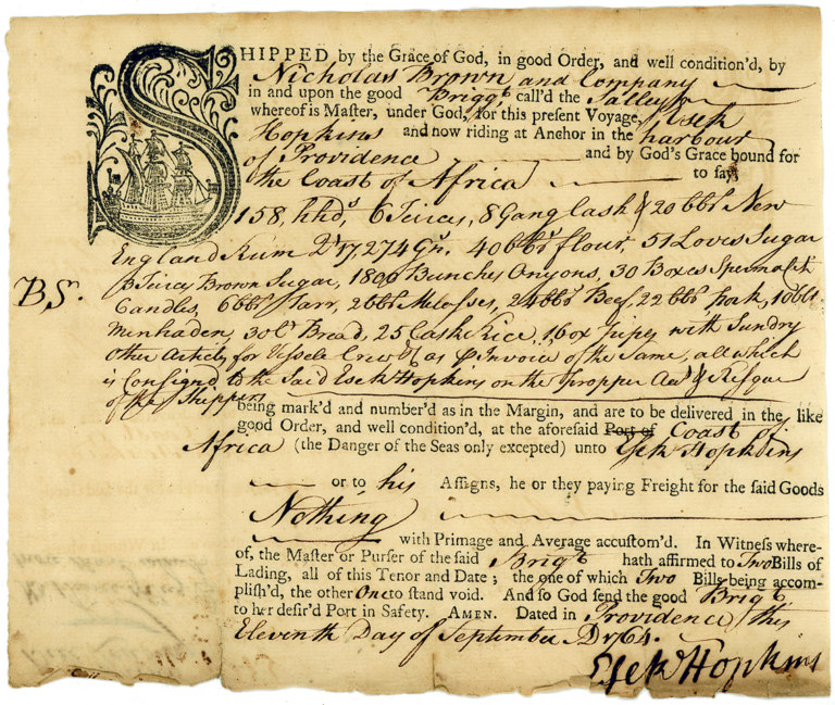 A printed template of a bill of lading, which features an ornate drop cap that incorporates an image of a ship with three masts. The bill of lading was filled out by hand.