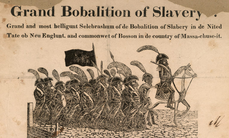 A detail of a broadside shows a caricature drawing of a column of black, military-clad soldiers following their commander on a white horse.